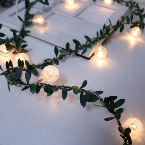 Outdoor Solar Power String Lights Green Vine Leaf With Bubble Ball