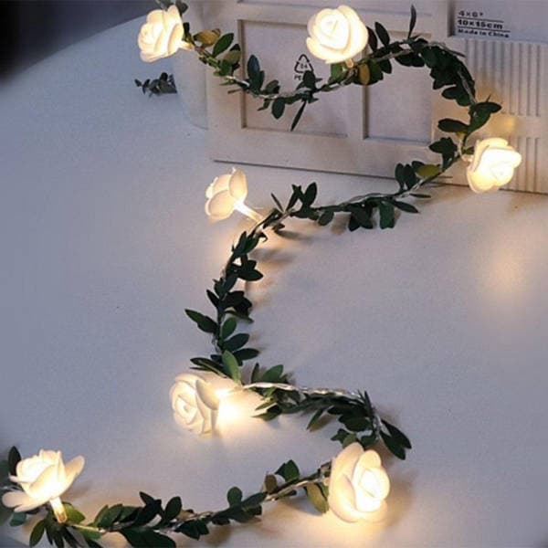 Solar Outdoor Lighting String White Rose Flower Vine