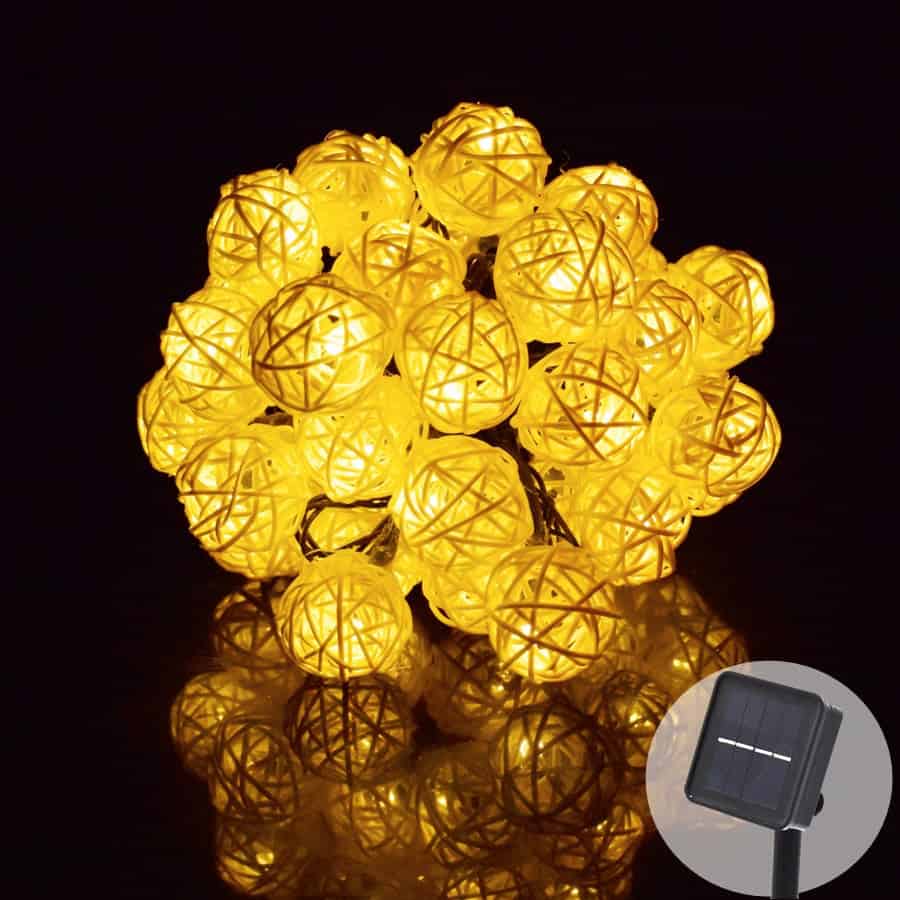 Solar String Lights Yellow Rattan Ball
